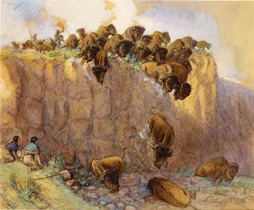 Indiana Cowboy Painting - driving buffalo over the cliff 1914 Charles Marion Russell Indiana cowboy